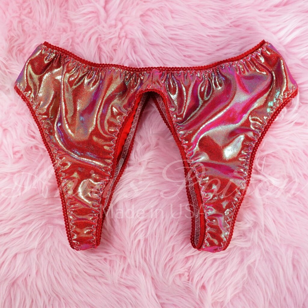 Christmas Unisex Stretch Spandex Sissy Open Crotch And Butt Sparkle Red Butterfly Panties Ania S