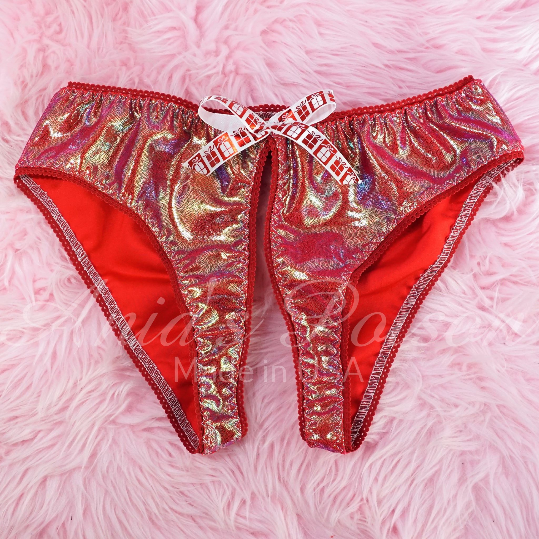 Christmas Unisex Stretch Spandex Sissy Open Crotch And Butt Sparkle Red Butterfly Panties Ania S