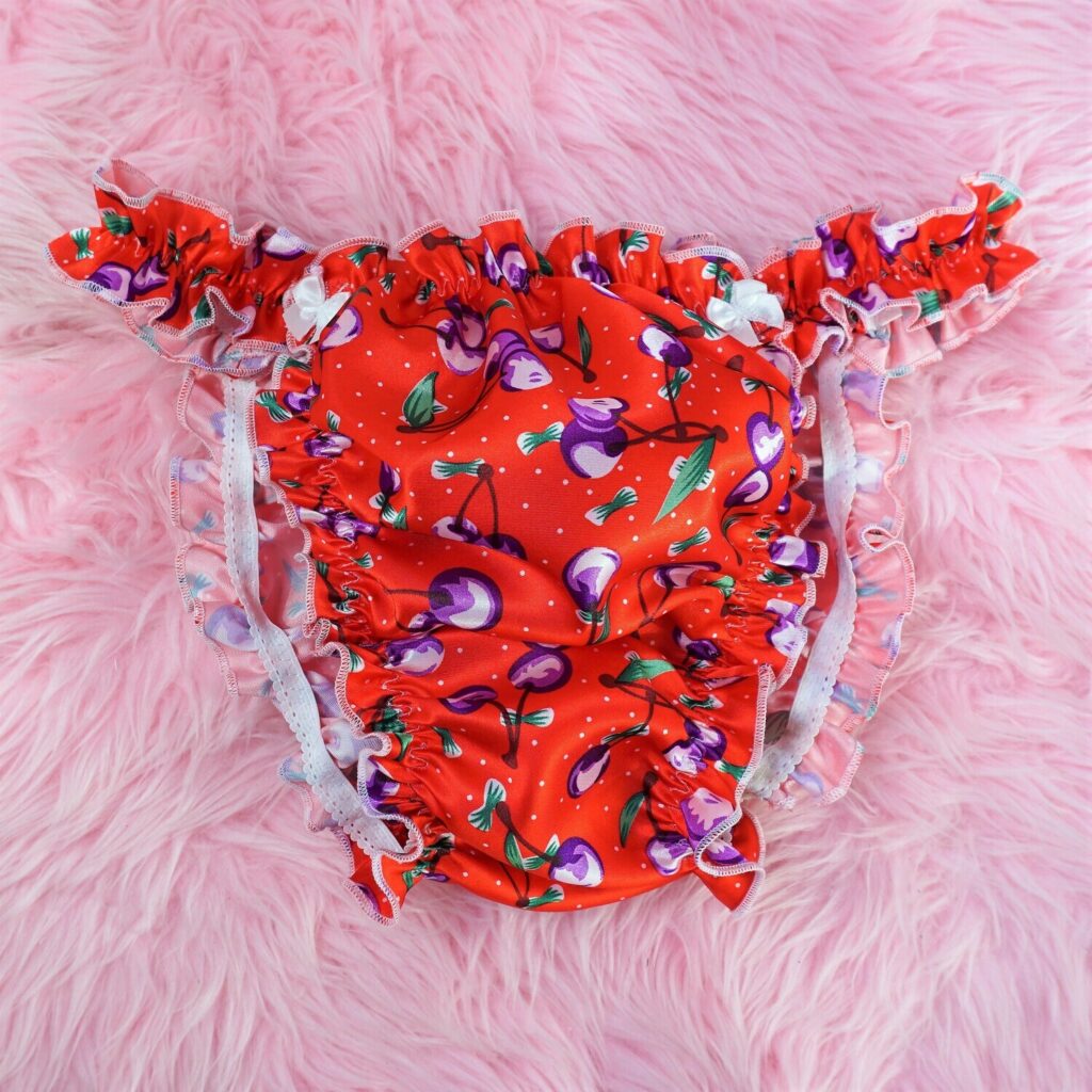Sissy Ruffled SATIN Panties Red cherry print shiny wetlook unlined Satin Gusset Men's string bikini